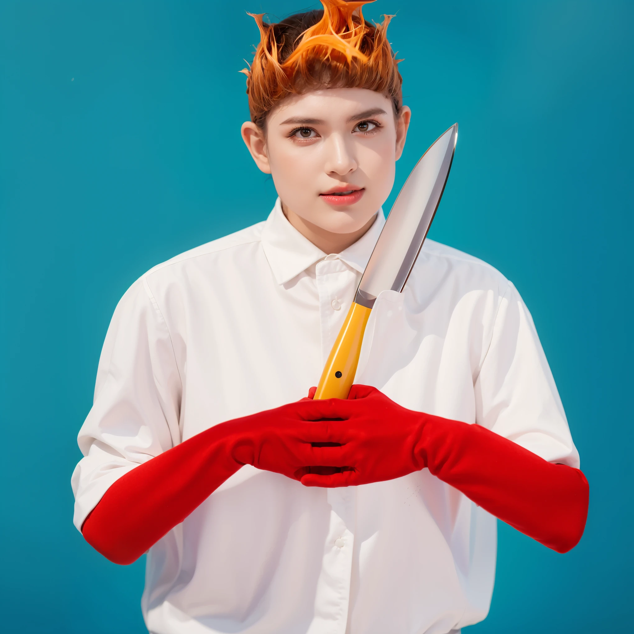 In this vividly detailed image, a young woman with dynamic orange hair sprawled out in an energetic hairstyle is portrayed lying on a blue background surrounded by symbolic elements. She wears a glossy, yellow striped shirt and a deep rust-colored skirt. Notably, the scene includes several symbolic elements that enhance its thematic depth: a "Danger" sign, warning tape with "WARNING," and white chalk-like outlines that spell "ANXIETY" and form abstract shapes around her. These elements collectively suggest a narrative of internal struggle or caution, possibly reflecting on themes of mental health or personal challenges. The inclusion of these symbols around a serene, resting figure creates a striking contrast between calm appearance and underlying tension. The purple background complements the costume, creating a vibrant and engaging scene. (glossy plastic texture with multiple big light probe refractions), perfect cgi, smooth silhouette, high intensity refraction, (super glossy plastic material), most beautiful vfx, , realistic, 4k, high resolution, rim light, smooth 3d model, multiple light sources, rim light, sharp post effects render,, realistic, 4k, high resolution, rim light detailed digital art, reflective, best quality, 4k, masterpiece:1.2, ultra-detailed, realistic, vivid colors, The image of the highest quality, ensuring every detail showcased perfectly. It in 4k resolution, allowing viewers to immerse themselves in the richness of the colors and intricate details. The realistic rendering. under the spotlight, reflecting, high-resolution image, realistic rendering