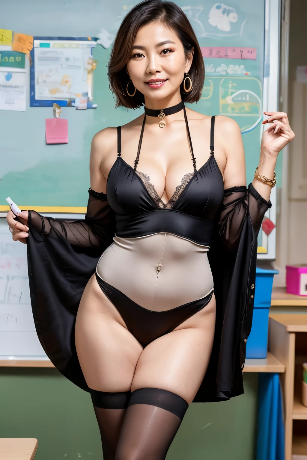 75 years old mom milf Chinese Lady large earring Big choker navel piercing decoration A bracelet realisitic Gorgeous Madame Beautiful Mature Woman sexly Smile Gentle woman navel piercing 4K High quality classroom teacher Early childhood education Whiteboard machine High leg leotard