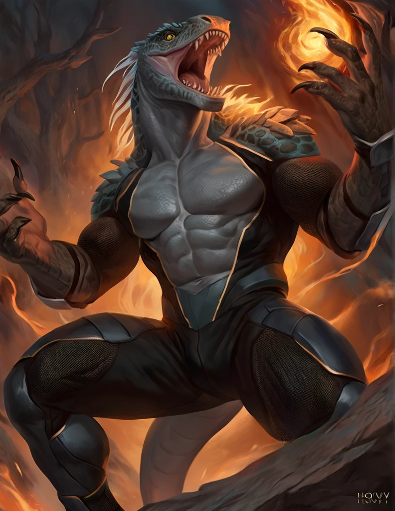 a ferocious male lizardfolk druid, muscular detailed body, gray color body, yellow eyes, hungry, open mouth, masculine pose, tall topless, magic bodysuit, dark magic, comic book style, best quality, 4k, ultra-detailed, realistic, by laobai, by taran fiddler, by honovy