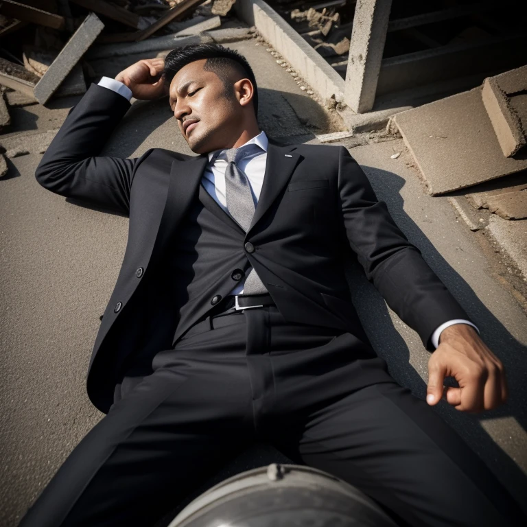40 years old,One Man,Black Suit,Abandoned factory in the afternoon、mafia、Pistol、Sleeping with legs spread wide on the rubble、Scream、,,logic,Gay ,Very short hair、,Stubble, ,Asian Faces,、 View from above Crotch close-up