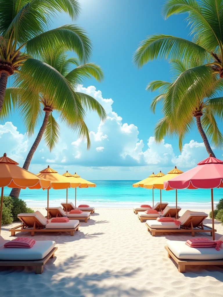 Caribbean beach with fine white sand and beach umbrellas with sunbeds. Palm trees in the background