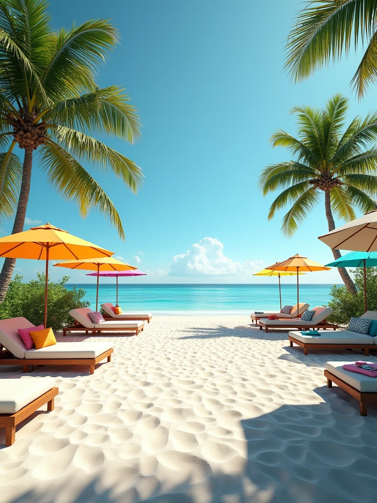 Caribbean beach with fine white sand and beach umbrellas with sunbeds. Palm trees in the background