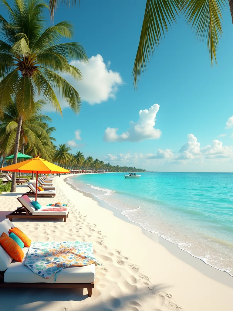 Caribbean beach with fine white sand and beach umbrellas with sunbeds. Palm trees in the background