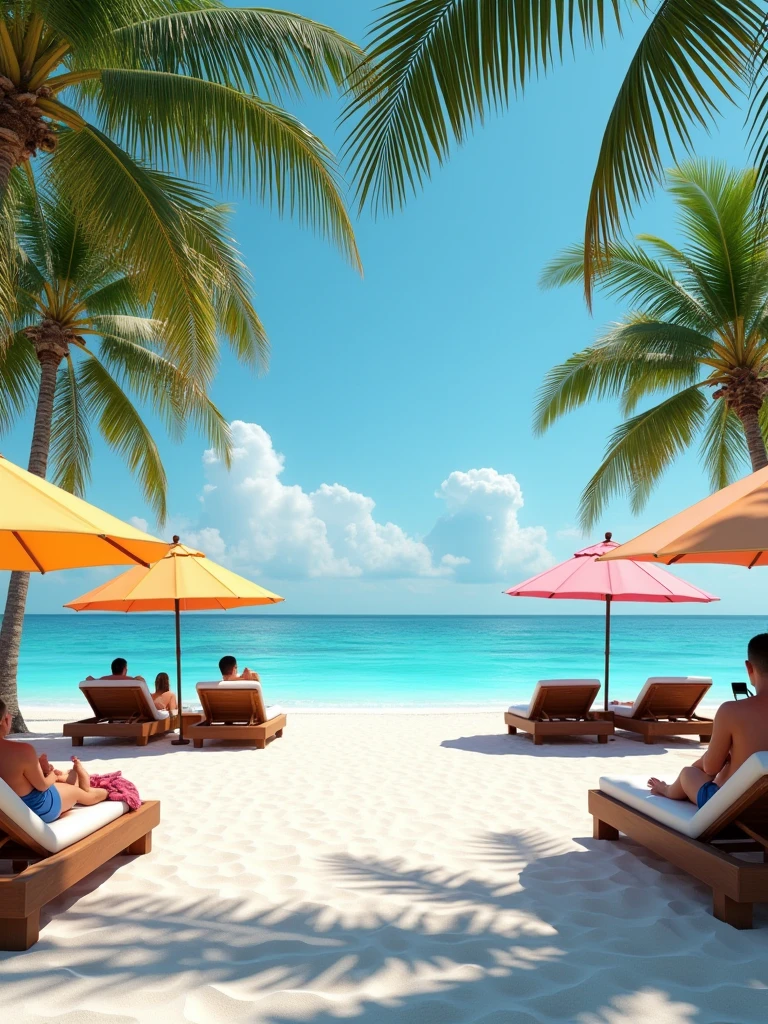 Caribbean beach with fine white sand and beach umbrellas with sunbeds. Palm trees in the background