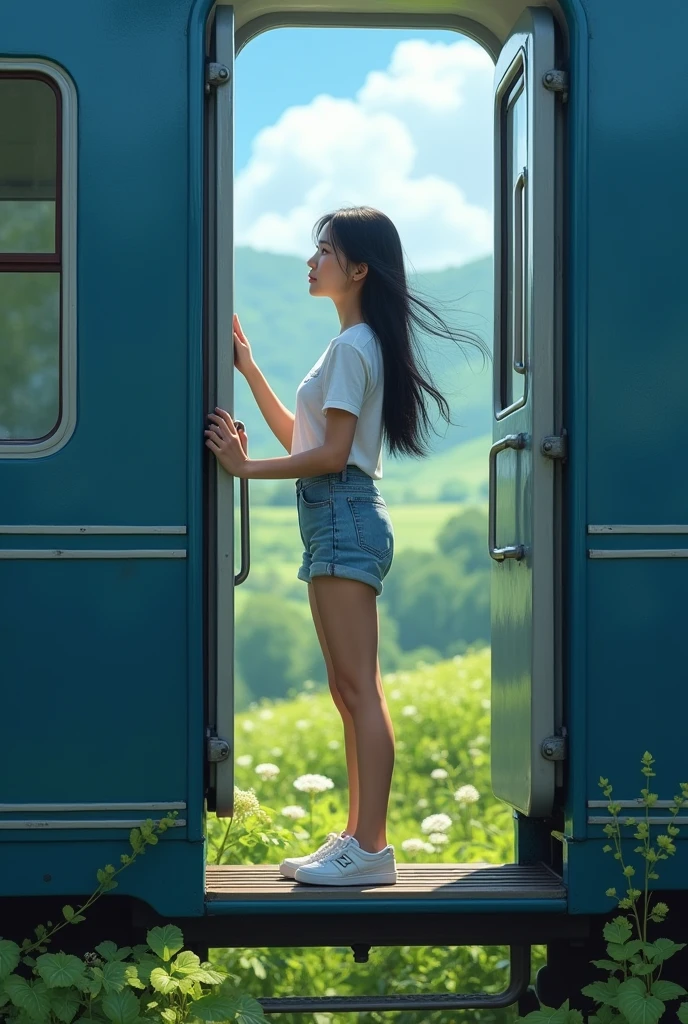 (photorealism:1.2), an asian woman with long black hair, wearing a white t-shirt, jeans shorts, white newbalance shoes is standing at the train door, The image shows a blue train moving through a lush green and dewy landscape.