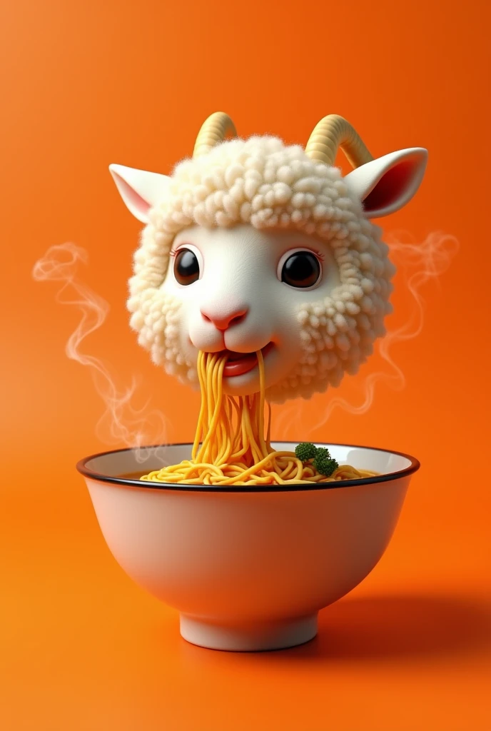 floating lamb head logo, facing slightly to the left, eating ramen, on orange background