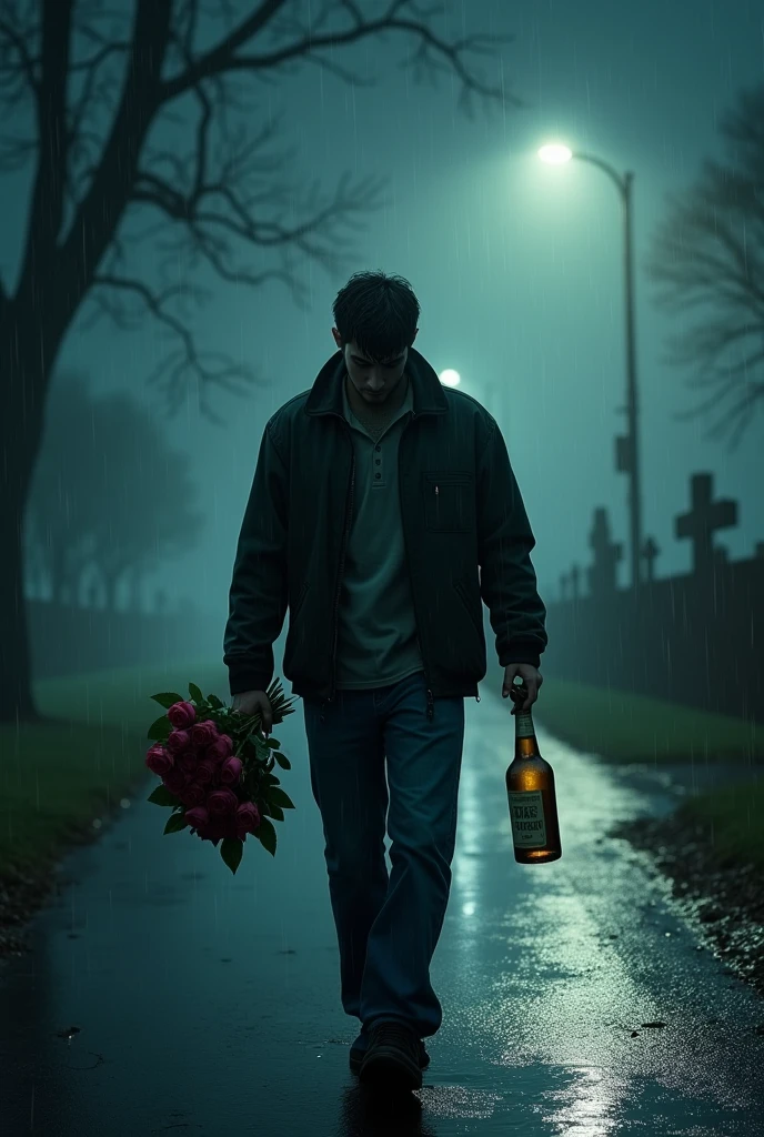 (masterpiece: 1.5) (photorealistic: 1.1) (8k) (HdR) (cinematic lighting), cinematic light, ray tracing, ultra high resolution, UHD, (photorealistic: 1.4), intricate details, detailed texture, fine details, high quality shadow, A young man walks at night, There is fog due to the (heavy rain), His face and clothes completely soaked by the (heavy rain), (Downpour), Down a street, very faint rays of the moon fall illuminating his face, showing sadness, pain, sobs, His walk is sad and slow. , In one hand he carries a bouquet of roses (rojas), (highlighting the roses), wilted by the rain.. On the other side, a half empty bottle of alcohol, walk slowly, In the distance you can see a cemetery