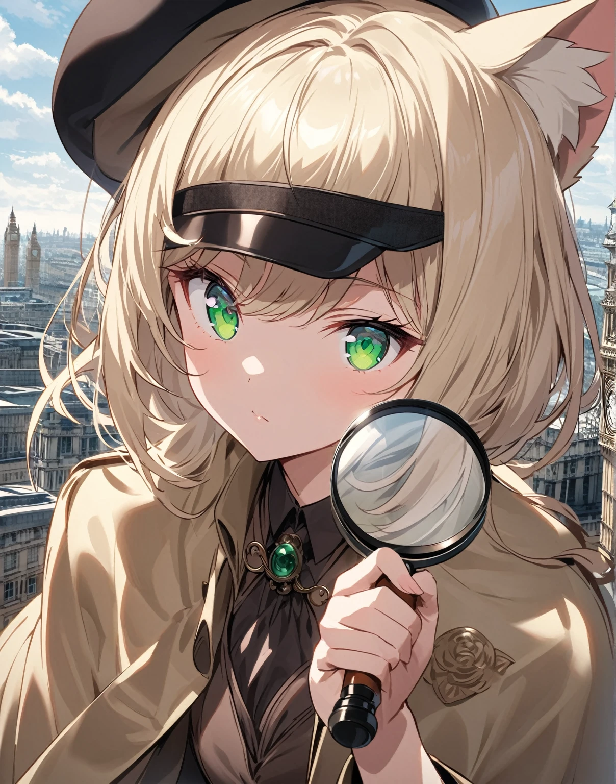 Face shot, Eyes macro, 1 anime catgirl, pale blonde cat ears, neko ears, with long pale blonde hair, wearing like sherlock holmes clothes. The character is in a standing pose and has an elegant and refined appearance. She has accent green eyes, detailed anime eyes, She has an investigating pose with a Magnifying glass in the hand, she is looking through the magnifying glass. She has a confident expression, like she has discovered the Guilty. Khaki coat, sherlock holmes hat, investigating. She is in london, famous London steet with a view over some famous London location.