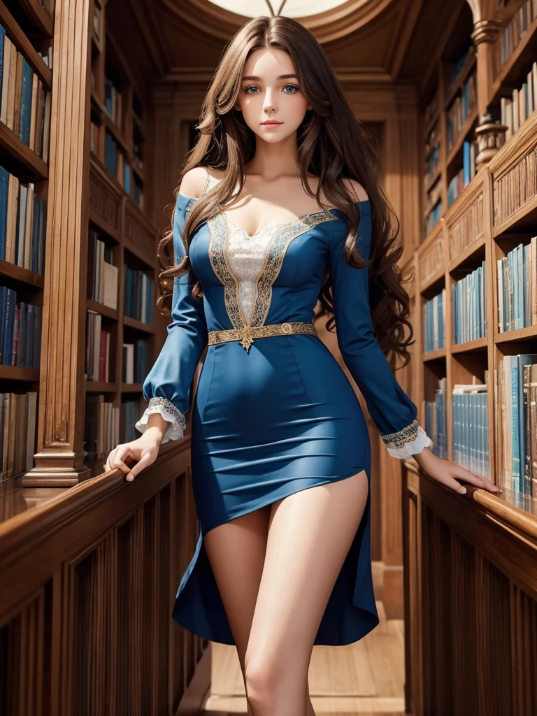 A very beautiful young natural beauty girl with long curly brown hair, beautiful blue eyes, beautiful face, beautiful slim aesthetic feminine body, in a beautiful outfit in a library