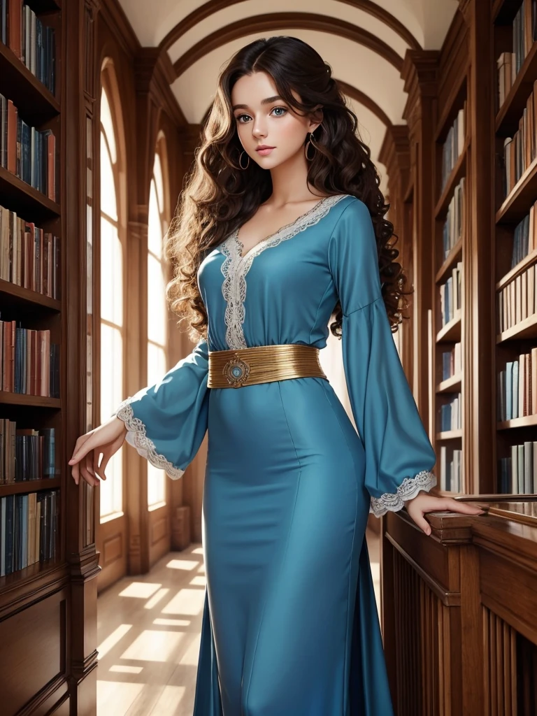 A very beautiful young natural beauty girl with long curly brown hair, beautiful blue eyes, beautiful face, beautiful slim aesthetic feminine body, in a beautiful outfit in a library