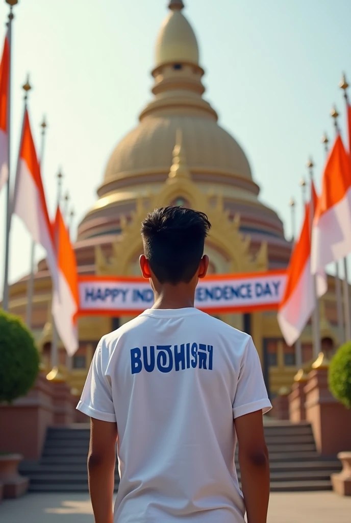 A patriotic 18-year-old Preyar boy named MOG BUDDHIST stands proudly in front of his buddhist flag, Preyar buddha the Indian tricolor flag. He's wearing a white t-shirt with "MOG" printed on the back in bold blue letters. The Big Buddha And Temple is decorated with orange, white, and buddhist flag. A large banner reads "HAPPY INDEPENDENCE DAY" in the background. 4K image.