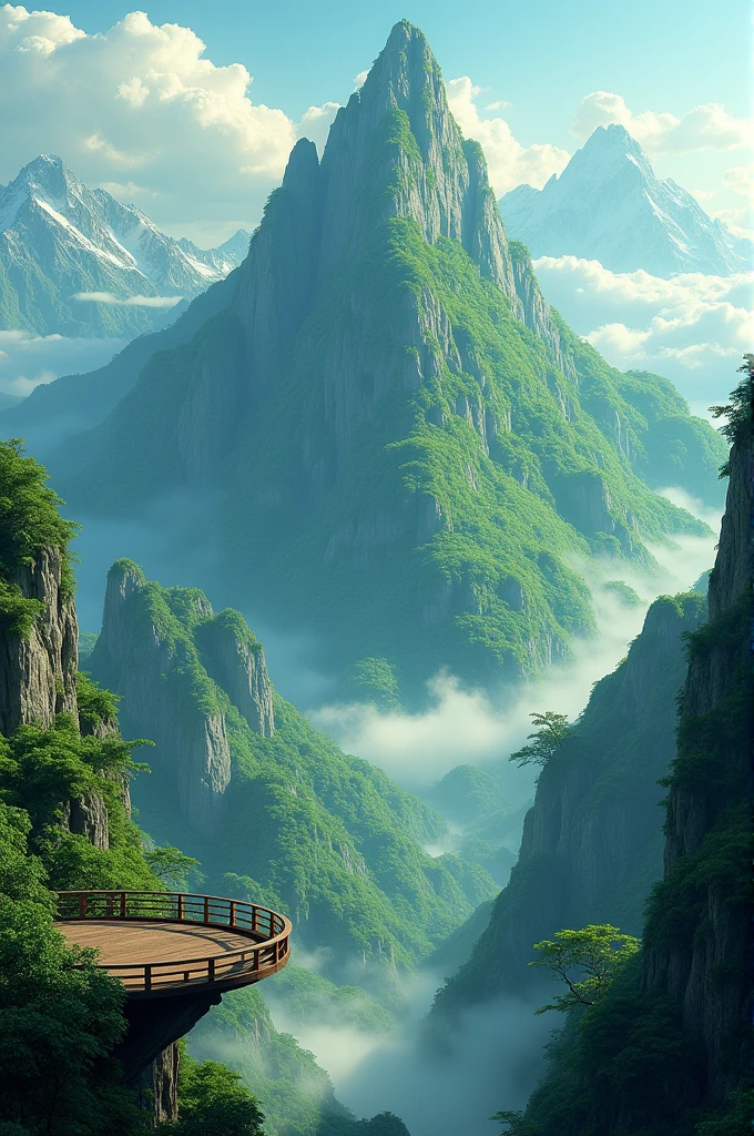 A balcony which has a close view of very big and beautiful green mountain which is very big and is in center and is surrounded by other green mountains which is very beautiful