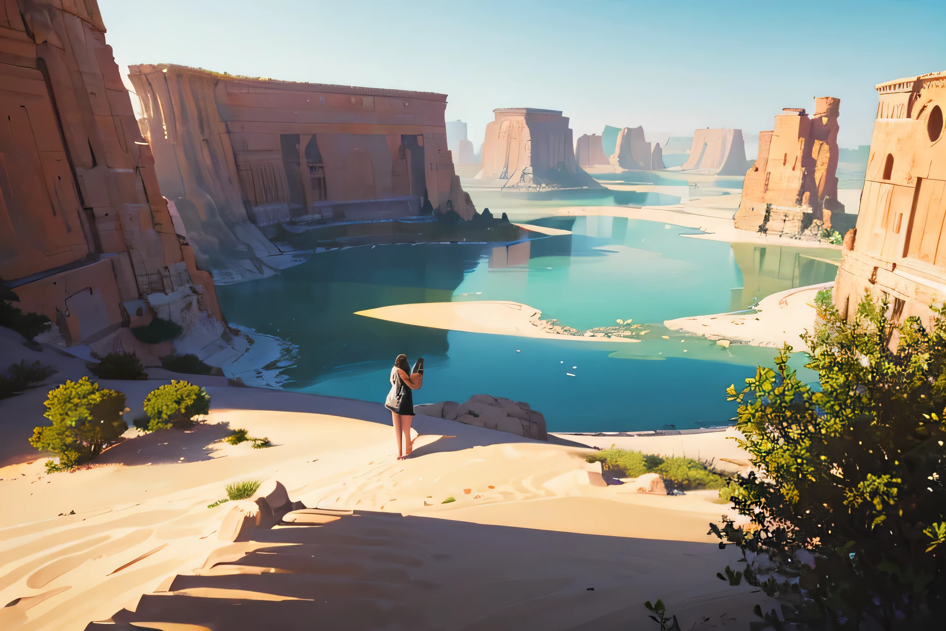 An oasis in the middle of a desert as far as the eye can see