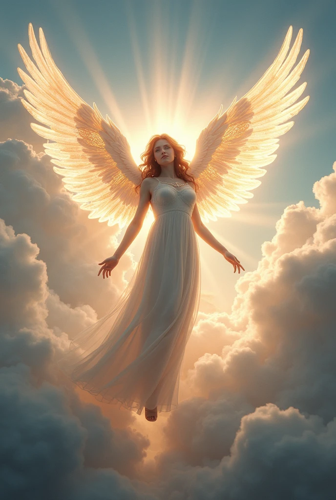 The angel's body shined with enchanting light in the sky
