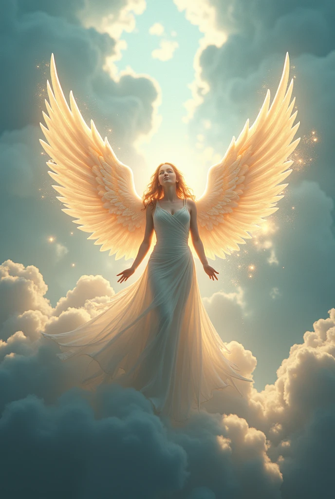 The angel&#39;s body shined with enchanting light in the sky  