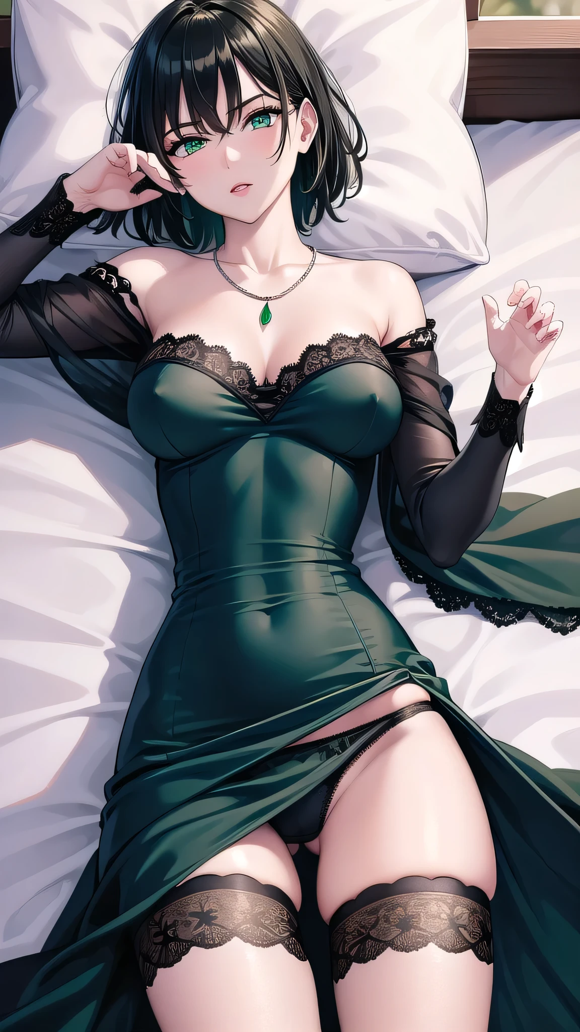 BREAK (masterpiece:1.2), best quality, high resolution, unity 8k wallpaper, (illustration:0.8), (beautiful detailed eyes:1.6), extremely detailed face, perfect lighting, extremely detailed CG, (perfect hands, perfect anatomy)mansion,bedroom,windows,candles,soft light,night,,fubuki, black hair, (green eyes:1.5), short hair,black dress, dress, fur coat, high collar, jewelry, necklace, off shoulder, taut clothes, taut dress,stockings,neckline,cleavege,nipples see through,black stockings,upskirt,showing panties,lace panties,showing legs,lie on back,lie in bed,from above.