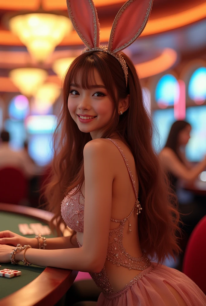 Low angle shot、A beautiful young bunny girl is leaning on a table and looking back.、Intricate and detailed bunny girl costume、Beautiful and toned delicate hamstrings、Chestnut flowing hair、Beautiful and elaborate face、Beautiful and sophisticated eyes、Beautiful and delicate mouth、smile、high quality、Photorealistic、8k、Sharp focus、Physically Based Rendering、Bright colors、Inside the casino、