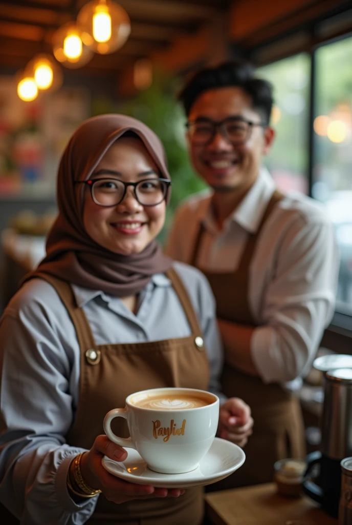 Image mode wide view, created a beautiful woman hijab ((headscarf behind neck)) with a fat body, glasses, slightly overweight, medium breasts, Malay face. Barista shirt, standing on the side with the barista man 29 year, glasses, Them was a restaurant waiter who delivered a cup of warm coffee, The cup making word Gold inscription "payid", the background is village cafe. Facing camera, the image is very detailed, super HD