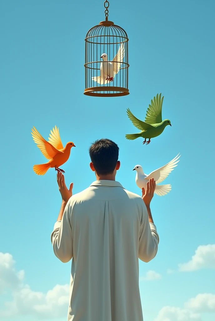 A man facing back, is opeaning cage lock to free three doves, one is of orange another is of white and another is of green colour, Baground colour is sky blue 