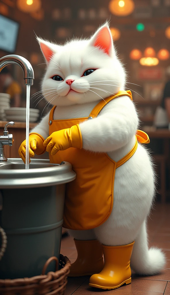 A cute white chubby cat with thick, fluffy fur is washing dishes in a lively Indonesian restaurant. The cat stands in front of a sink with water flowing from the faucet, with a bucket placed underneath. The cat is dressed in rubber gloves, boots, and an apron, looking adorably determined as it goes about its task amidst the bustling, crowded atmosphere of the restaurant.