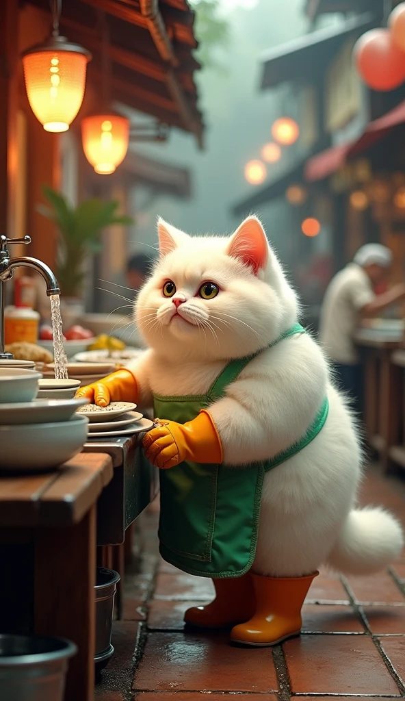 A cute white chubby cat with thick, fluffy fur is washing dishes in a lively Indonesian restaurant. The cat stands in front of a sink with water flowing from the faucet, with a bucket placed underneath. The cat is dressed in rubber gloves, boots, and an apron, looking adorably determined as it goes about its task amidst the bustling, crowded atmosphere of the restaurant.