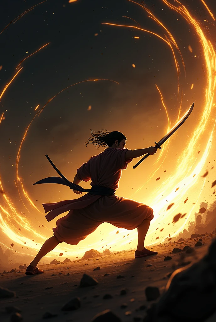 ((Best Quality)), ((masterpiece)), ((detailed)), ((High Definition)), an aura of sword slashes in anime style, all the golden color, with the black silhouette of a simple person in the center, dynamic movement, fighting pose, a straight sword thrust at the speed of light. With a black background.