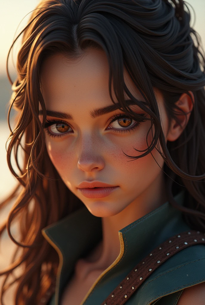 Size 1242x2688 pixels,Anime & Western Comics Series,3D Model。a long-haired brown-haired female warrior wallpaper,Eyes-killing power,Original style,Cinematic Lighting。,close-up view,Portrait,Ultra High Definition 4k8k,webp film photography style