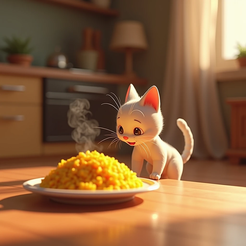 3d animation style Minni cautiously approaching the turmeric rice, her whiskers twitching.