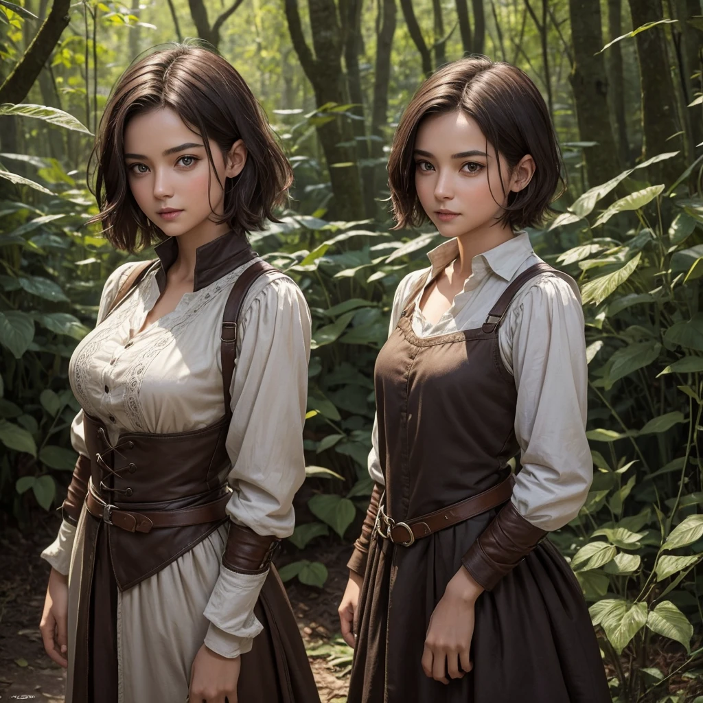 "A medieval-style female character. Only the face is depicted, not from the chest down. Her expression is surprised, with her eyes wide open and looking to the side, and her mouth is open. She has short hair that does not reach her shoulders. She has a youthful appearance, appearing to be in her late teens but is in fact 30 years old. She has a bright and lively attitude, with an energetic and cheerful expression. Her face has an androgynous feel to it, with a boyish look. Her hair is short and practical, a natural colour of brown. She is slender, with a small chest and short stature. Her clothing is practical and resembles that of a country boy, consisting of a simple shirt and a natural earth colour palette. The background is a lush forest, with a strongly blurred background."