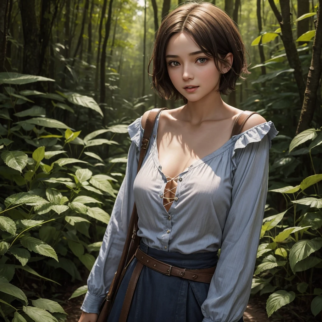 "A medieval-style female character. Only the face is depicted, not from the chest down. Her expression is surprised, with her eyes wide open and looking to the side, and her mouth is open. She has short hair that does not reach her shoulders. She has a youthful appearance, appearing to be in her late s but is in fact 30 years old. She has a bright and lively attitude, with an energetic and cheerful expression. Her face has an androgynous feel to it, with a boyish look. Her hair is short and practical, a natural colour of brown. She is slender, with a small chest and short stature. Her clothing is practical and resembles that of a country boy, consisting of a simple shirt and a natural earth colour palette. The background is a lush forest, with a strongly blurred background."