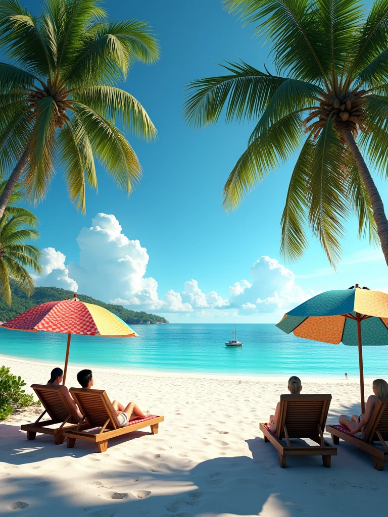 Caribbean beach with fine white sand and beach umbrellas with sunbeds. Palm trees in the background