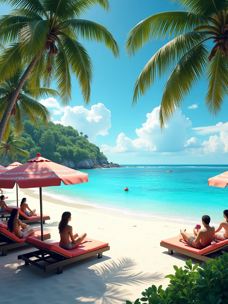 Caribbean beach with fine white sand and beach umbrellas with sunbeds. Palm trees in the background