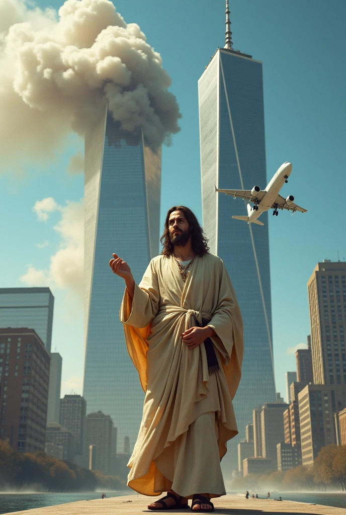 Jesus in front of the twin towers and tla plane fly in the towers