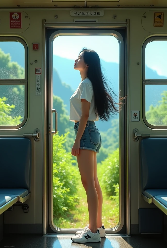 (photorealism:1.2), an curve asian woman with long black hair, wearing a white t-shirt, jeans shorts, white newbalance shoes is standing at the train door, The image shows a blue train moving through a lush green and dewy landscape.