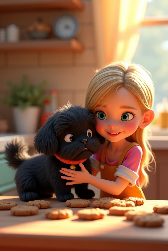 a beautiful blonde girl, a cute black shih tzu puppy with big blue eyes wearing a colorful collar and bandana, 3d render, 2d animation, eating cookies, colorful, 3d pixar style, dynamic composition, cinematic lighting, baking cookies, photorealistic, high quality, intricate details, soft textures, warm colors, playful expression, adorable, photorealistic, best quality, 8k, hyperrealistic, detailed, sharp focus, professional 3d rendering
