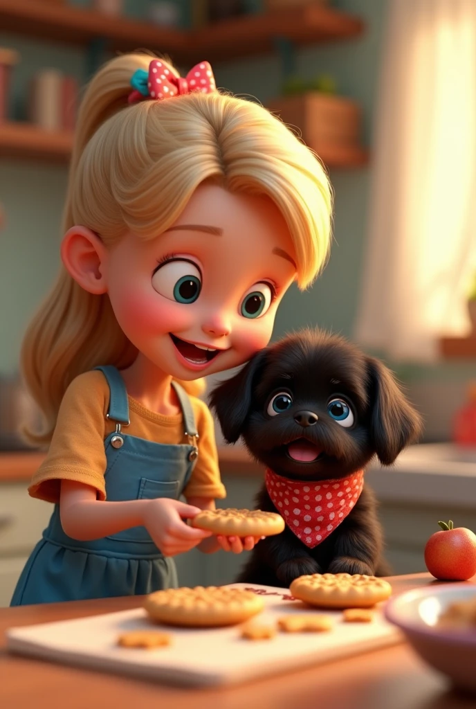 a beautiful blonde girl, a cute black shih tzu puppy with big blue eyes wearing a colorful collar and bandana, 3d render, 2d animation, eating cookies, colorful, 3d pixar style, dynamic composition, cinematic lighting, baking cookies, photorealistic, high quality, intricate details, soft textures, warm colors, playful expression, adorable, photorealistic, best quality, 8k, hyperrealistic, detailed, sharp focus, professional 3d rendering