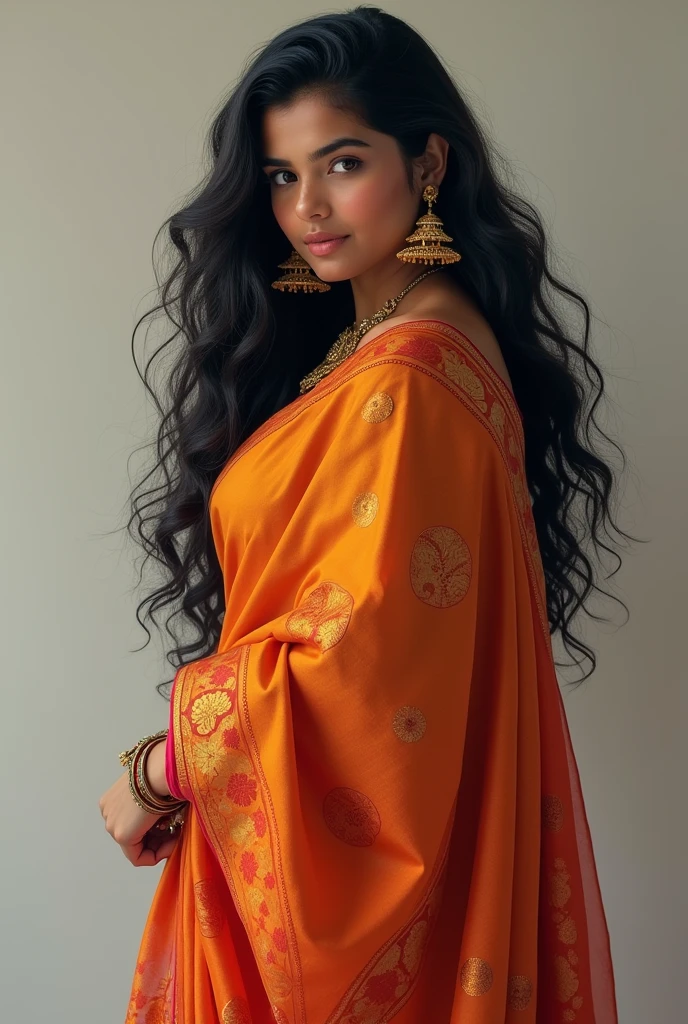 1girl,India girl,wearing saree, wearing earrings,big ,big ass,black hair,hyper realistic, ultra detail, high res,