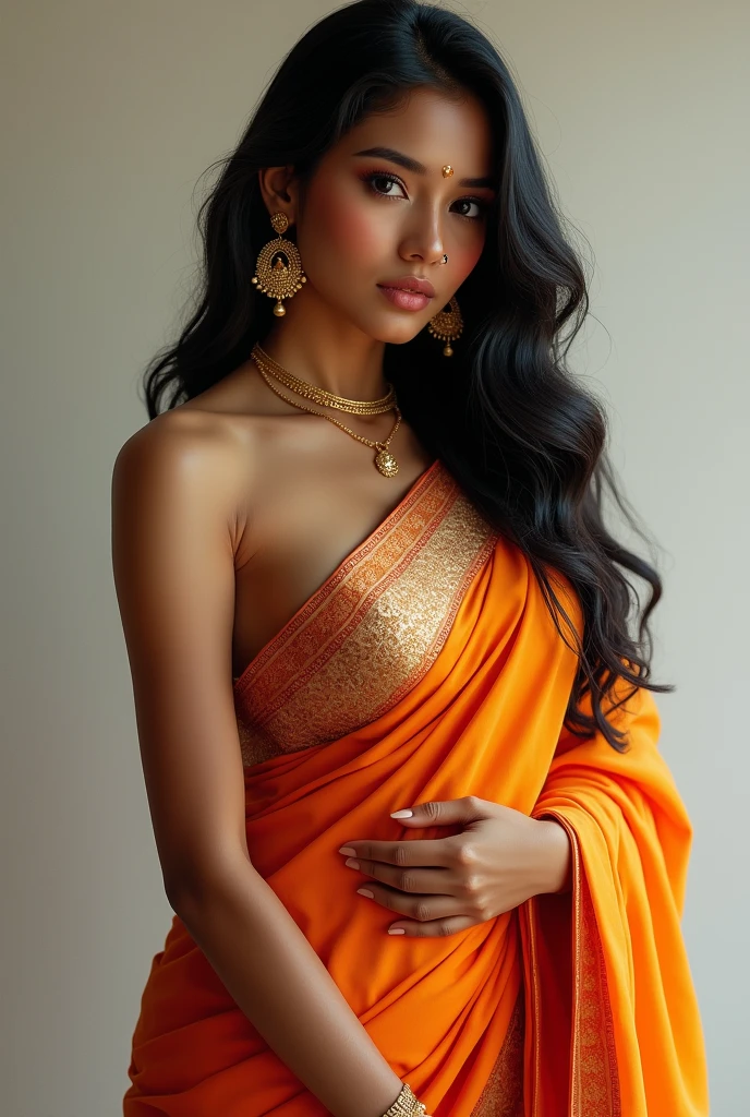 1girl,India girl,wearing saree, wearing earrings,big ,big ass,black hair,hyper realistic, ultra detail, high res,