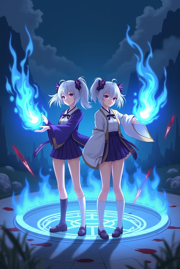 2girl, japanese clothes, ponytail ,white hair, purple eyes, magic circle, blue fire, blue flames, wallpaper, landscape, blood, blood splatter, depth of field, night, light particles, light rays, sidelighting, thighs, fate \(series\), genshin impact, ****, open jacket, short skirt, thighhighs, cloud, naughty meme
