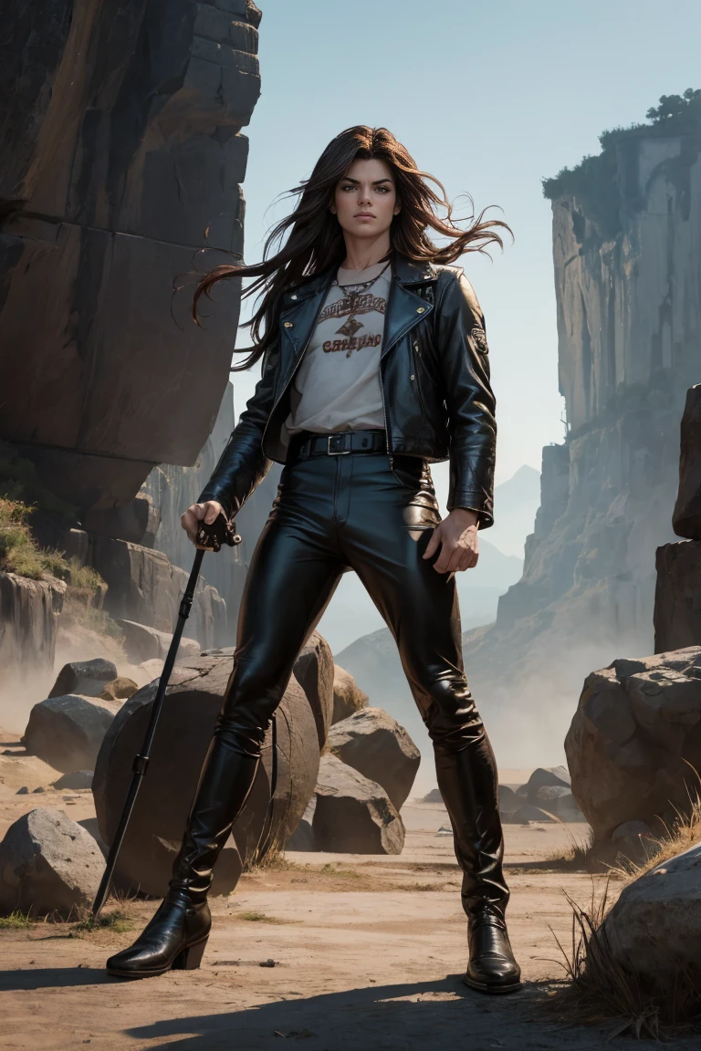(Concept Art), ((Full body view))、masterpiece, Highest quality, Realistic, 8K RAW Photos, Tarot Card Style, Absurd iris texture, Accurate anatomy, To the audience, Cowboy Shot, (Realistic:1.5) , Perfect body, Attractive face、,Perfect Face,, 19 years old、美juvenile、Mature Face、Michael Jackson Style、Sharp Eye、very wide eyes、White skin and dark hair、((neutral))、Long Hair、Center parted hair、Disheveled Hair、The bangs cover the right eye、Long legs、black eye, Long legs, Long black hair, Edge lighting,、Slender body、juvenile、Tight waist、Rock Stage、(His name is the Great Horned Hawk.・Kadoma Daioh),grabbing a microphone、Bow legs、leather jacket、Leather pan、Leather Jumpsuit、Knee-high boots、Dark fantasy,Rock band backing band、