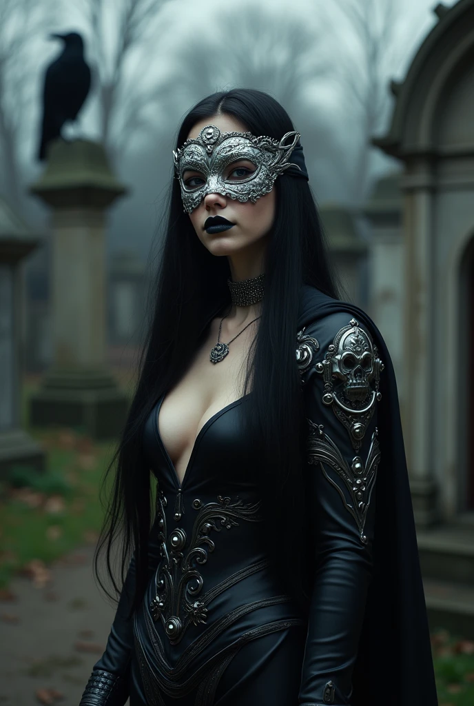(Masterpiece:1), realistic, ((cinematic lighting)), official art, unity 8k wallpaper, ultra detailed crown mask, beautiful and aesthetic, High quality tool, beautiful, best quality, ((occult symbols)), esoteric, holy divination, fractal patterns, (a sister), a young 25 years old woman wearing a silver blind mask, big breast, (smile: 0.8), thin and slender, black long hair (black hair: 1.2), black lips, perfect hands, perfect fingers, straight hair, choker, (black clothes), armor, ((Cassock)), capelet, elbow gloves, a crow (a crow: 1.2), on side, full body (from below, dutch_angle: 1.1), dutch angle, gothic cemetery, horror, dark_fantasy.