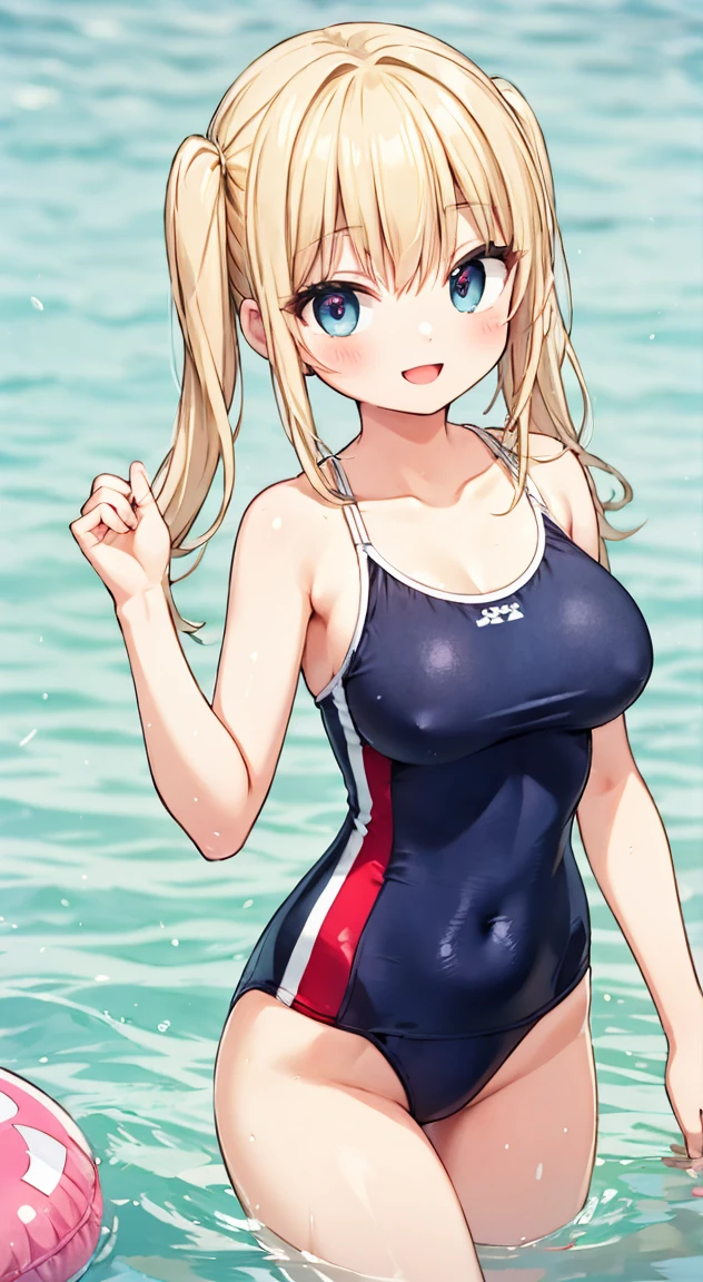 Highest quality,masterpiece,One person,Blonde,Twin tails,School Swimsuit,Large Breasts,smile,School swimming pool,