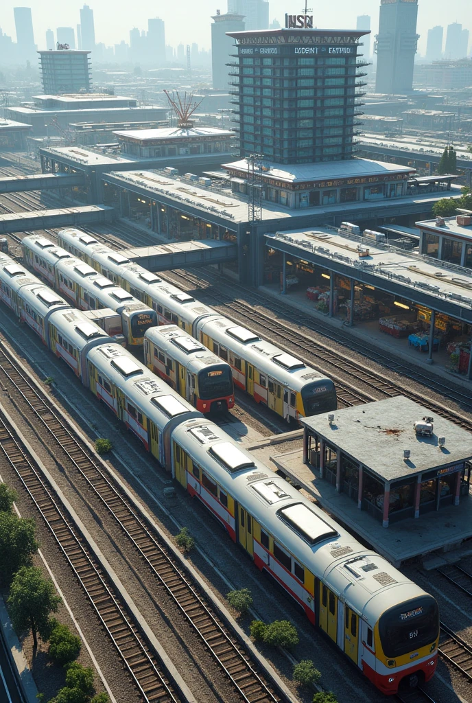  A Rail Terminal with 24 platform, between each consecutive platform consisting a track leaving last 5 platform with 2-3 track each between With A Bus terminal with 40 platform with extra 20 bus parking and all need facilities and Market with large building with basement parking.