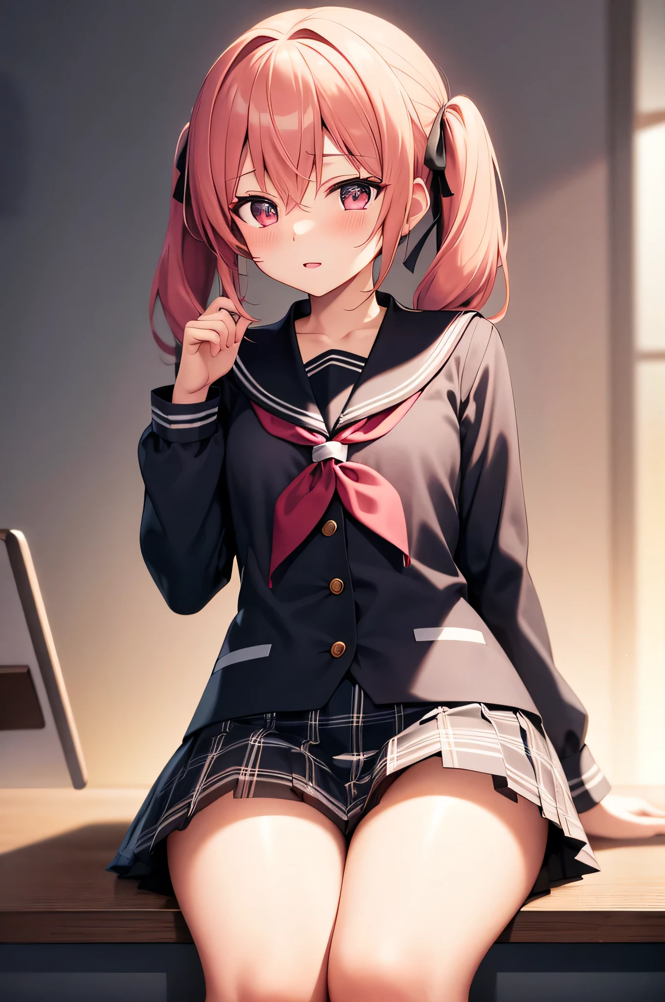 hair between eyes, twintails, sailor collar,
highly_detailed, extremely_detailed_CG_unity_8k_wallpaper, highres, absurdres, beautiful_detailed_eyes, finely_detailed_clothing, finely_detailed_light, highly_detail_hair_, Beautiful eyes,
colorful, light rays, caustics, aistics, lens flare, bokeh, nsfw, flat-chested, pink eyes, White silk stockings, JK Uniform Plaid Skirt, school uniform, Light pink mini skirt, blush,
score_anime, score_9, score_8_up, masterpiece, beautiful scenery, illustration,
full-body picture, lovely, Sitting on the desk