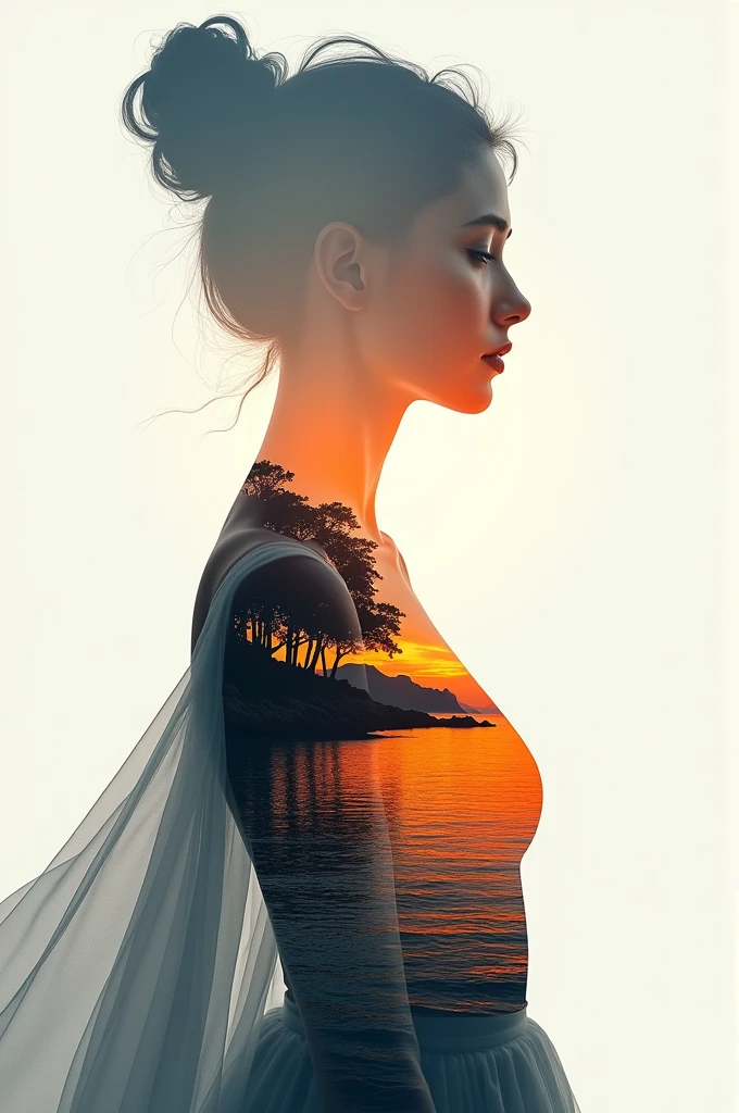 high quality, 8K Ultra HD, A beautiful double exposure that combines an goddess silhouette with sunset coast, sunset coast should serve as the underlying backdrop, with its details incorporated into the goddess , crisp lines, The background is monochrome, sharp focus, double exposure, by yukisakura, awesome full color,