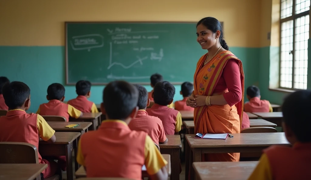 A teacher who is teaching 20-22 year old students, in Indian environment. "The classroom environment is like a traditional Indian school, with blackboard, wooden desks, and students in traditional Indian school uniforms."