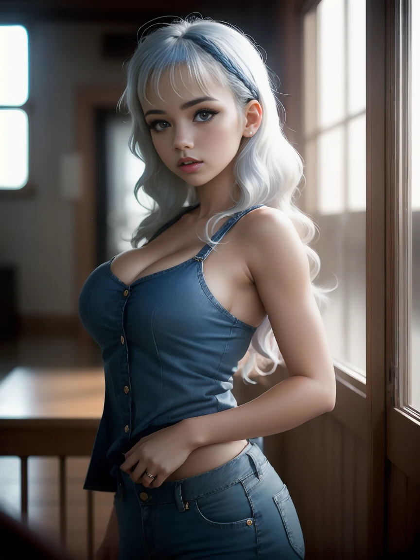 masterpiece,best quality, photography, style of Philip Lorca diCorcia, cinematic film photo of young Caucasian girl aged 18yo, 1girl, solo, blue and white hair, long wavy hair, air bangs, green eyes, tan skin, light makeup, short height, body, athletic body, large breasts, perfect lips, wearing a blue flannel shirt, wearing blue jeans, cute face, vignette, highly detailed features, high budget, bokeh, cinemascope, moody, epic, gorgeous