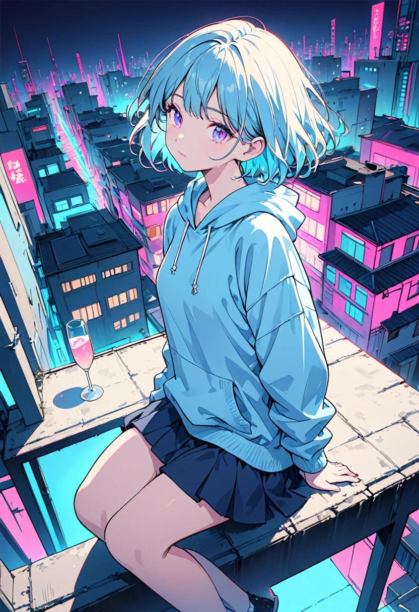 masterpiece,Highest quality,1 Synthwave style girl,Blue outline,Neon lit street,Blue fluorescent paint,alone,From above,Cowboy Shot,Sitting on the roof of a building,Highly detailed CG,Flat Color,Limited edition palette,No Line Art,silhouette,Partially colored,Alternative color,Dynamic Angle,Blue long top champagne,Purple Shadow,Synthwave,chromatic aberration,(alone focus),Perfect Shadow,Wearing a light blue hoodie,Delicate face,,Beautiful and delicate eyes,Light blue hair,Short Bob Hair,Delicate background,Blue Neon Light,Around 15 years old,