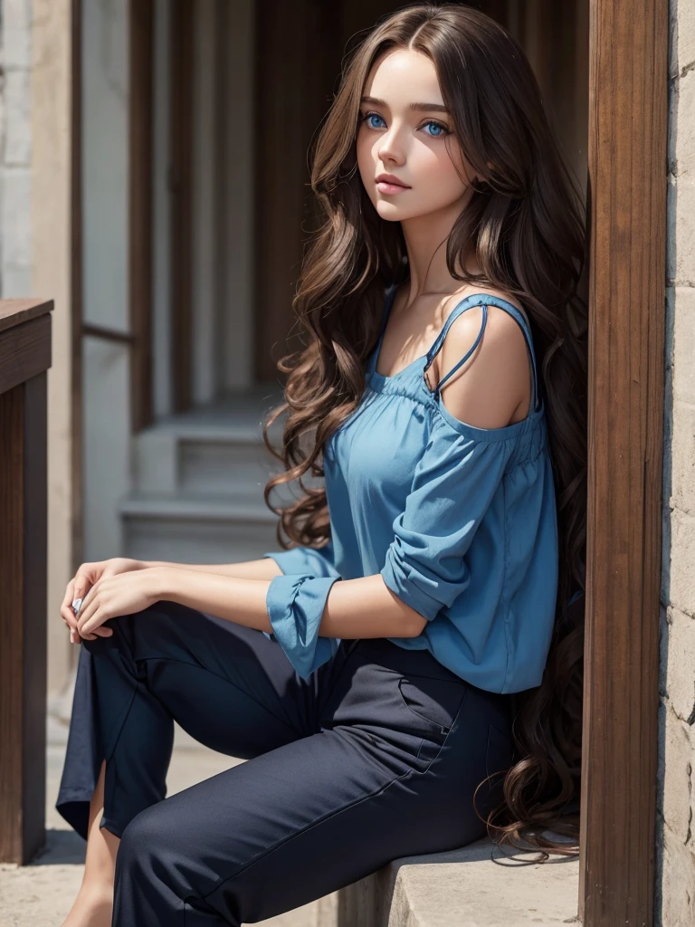 A very beautiful young natural beauty girl with long curly brown hair, beautiful blue eyes, beautiful face, beautiful slim aesthetic feminine body, in a black top and blue trousers