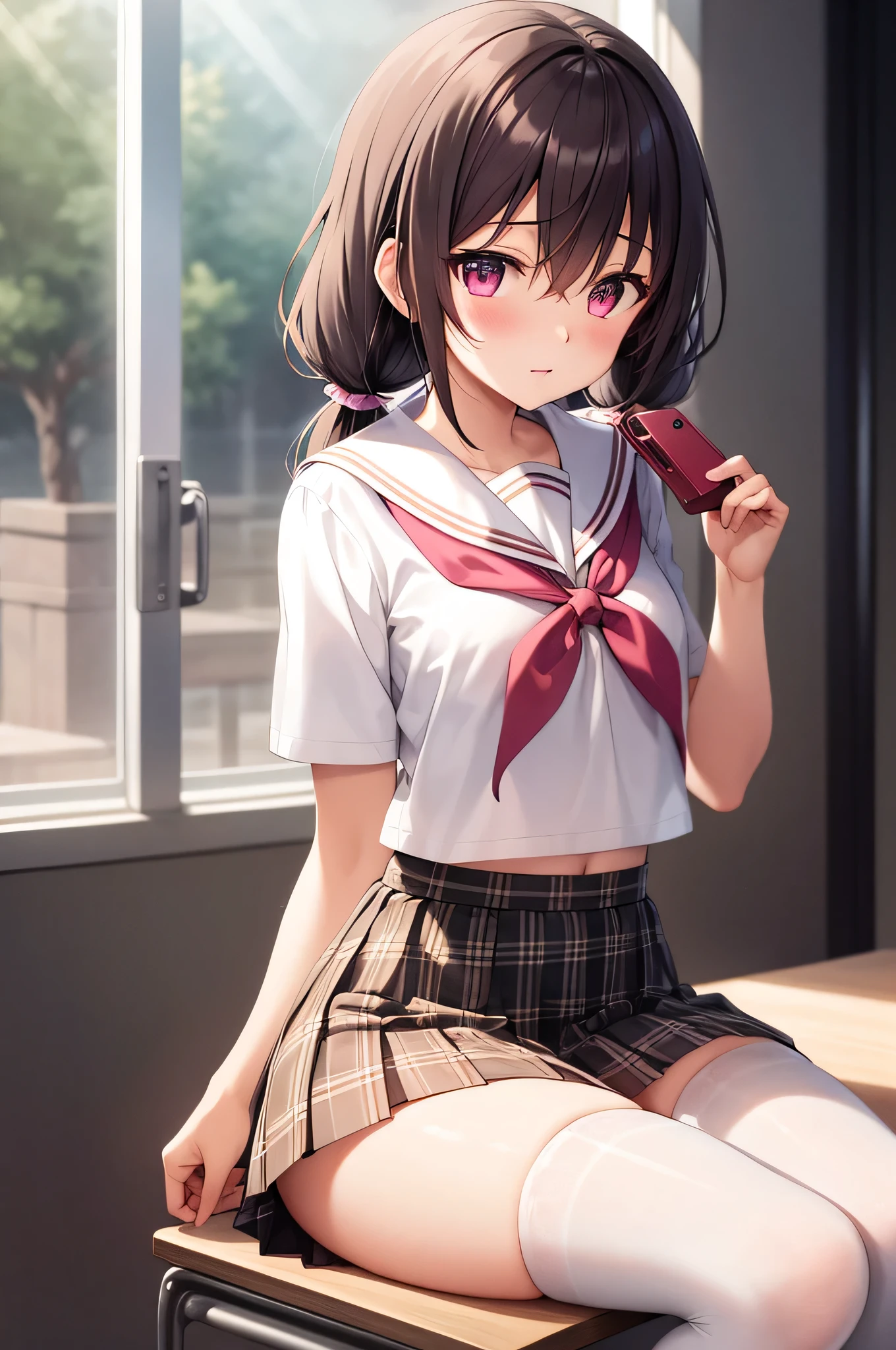 hair between eyes, twintails, sailor collar,
highly_detailed, extremely_detailed_CG_unity_8k_wallpaper, highres, absurdres, beautiful_detailed_eyes, finely_detailed_clothing, finely_detailed_light, highly_detail_hair_, Beautiful eyes,
colorful, light rays, caustics, aistics, lens flare, bokeh, nsfw, flat-chested, pink eyes, White silk stockings, JK Uniform Plaid Skirt, school uniform, Light pink mini skirt, blush,
score_anime, score_9, score_8_up, masterpiece, beautiful scenery, illustration,
full-body picture, lovely, Sitting on the desk